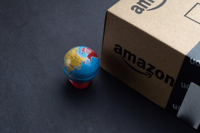 Amazon box with globe showing China