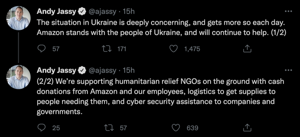 Andy Jassy tweets regarding the Ukraine crisis.