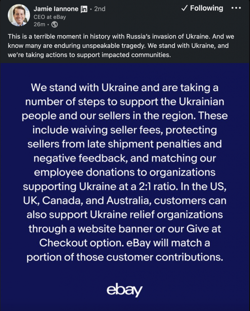 eBay CEO Jamie Iannone announces support for Ukraine on LinkedIn