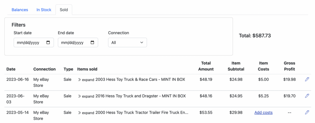 Seller Ledger Item Level Tracking COGS